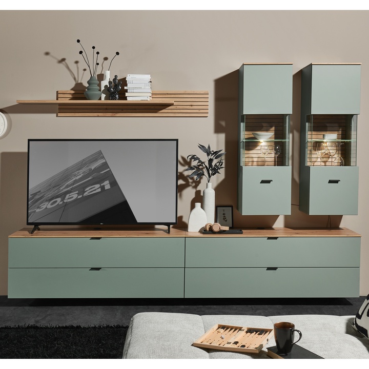 Sconto Obývací stěna CELINA IV rákosově zelená/dub artisan