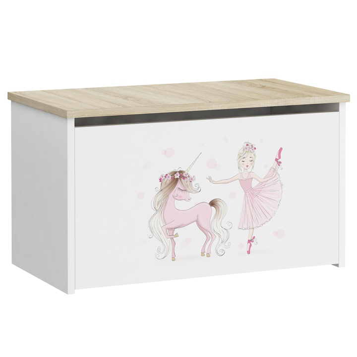 Sconto Truhla DARIA bílá/dub sonoma, motiv balerína a jednorožec