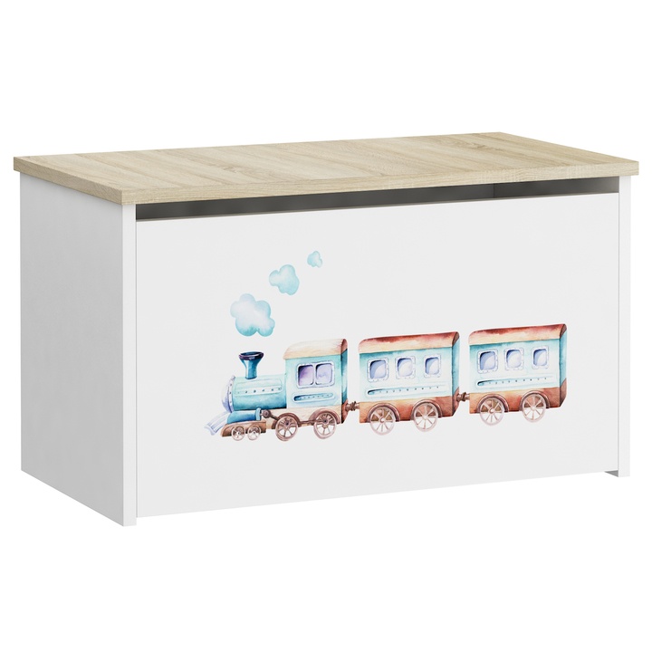 Sconto Truhla DARIA bílá/dub sonoma, motiv vlak