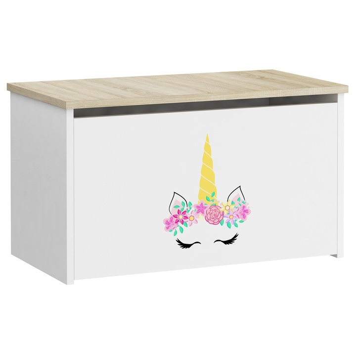 Sconto Truhla DARIA bílá/dub sonoma, motiv unicorn