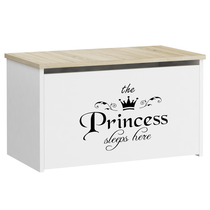 Sconto Truhla DARIA bílá/dub sonoma, motiv nápis princezna
