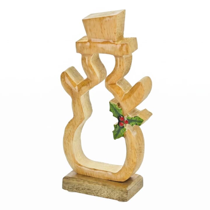 Dekorace sněhulák s cesmínou ELBERT dřevo, výška 22 cm 1