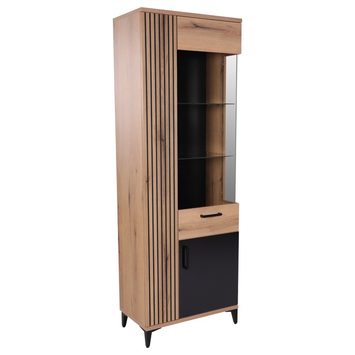 Sconto Vitrína LEONIDAS pravá, dub evoke/černá lesklá