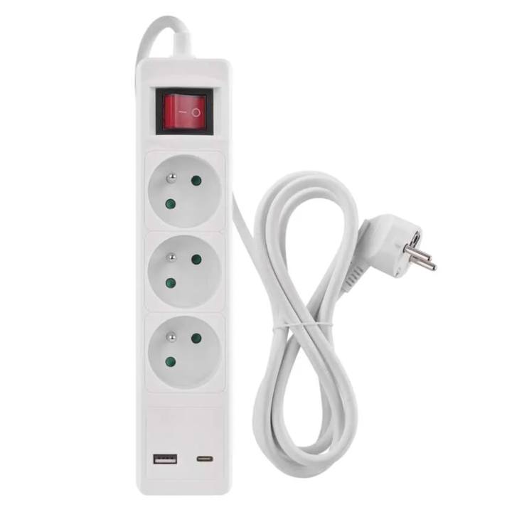 Prodlužovací kabel s vypínačem P1312CU bílá, 3 zásuvky, 1x USB-A, 1x USB-C, délka 2 m 1