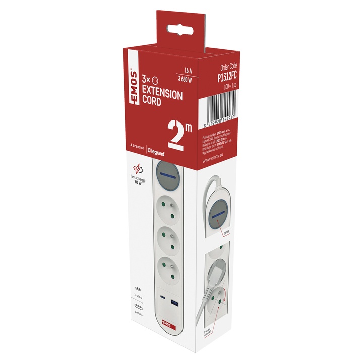 Sconto Prodlužovací kabel s vypínačem P1312FC bílá/šedá, 3 zásuvky, 2 USB porty, délka 2 m