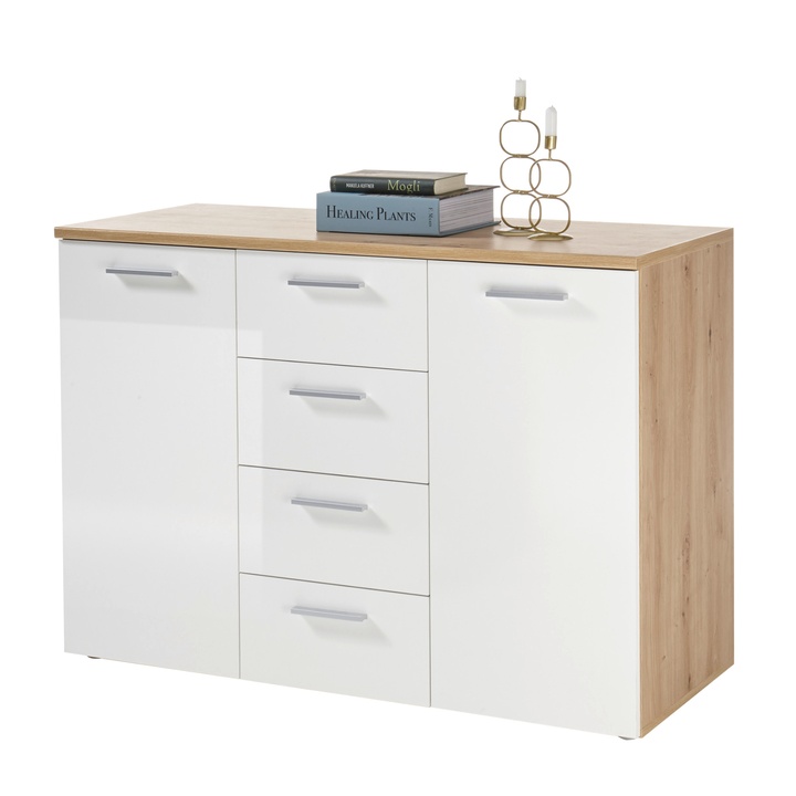 Sconto Komoda PABLO 4 dub artisan/bílá lesklá
