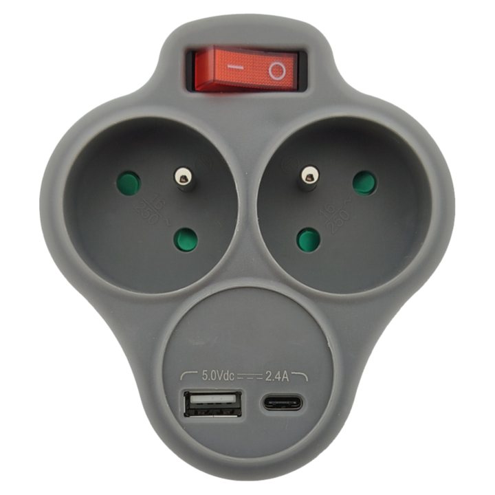 Rozbočovací zásuvka Q-416F šedá, 2x zásuvka, 2x USB, s vypínačem 1