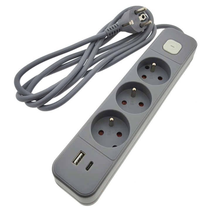 Prodlužovací kabel s vypínačem Q-417F šedá, 3 zásuvky, 1x USB-A, 1x USB-C, délka 2 m 1