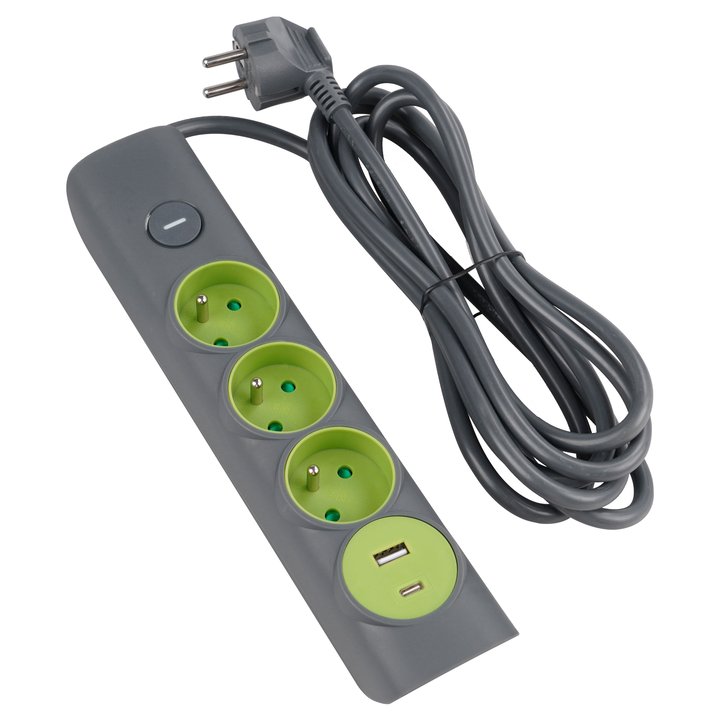 Prodlužovací kabel s vypínačem RPC 73 šedá, 3 zásuvky, 1x USB-A, 1x USB-C, délka 1,4 m 1