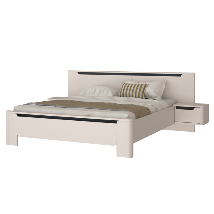 Sconto Postel s nočními stolky VODOL písková/černá, 180x200 cm