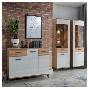 Vitrína DARCY SB8 zlatý řemeslný dub/alpská bílá lesklá 1