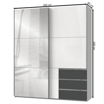 Šatní skříň  ELIOT bílá/grafit, šířka 200 cm, zrcadlo 4