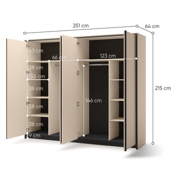 Šatní skříň ENNA písková/černá, šířka 250 cm 3