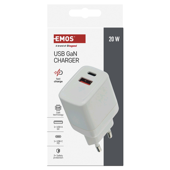 USB adaptér GAN bílá, 1x USB-A, 1x USB-C, 20W 2