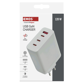 USB adaptér GAN bílá, 1x USB-A, 3x USB-C, 120W 3