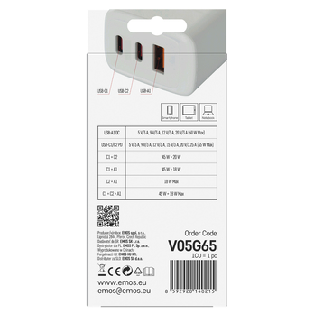 USB adaptér GAN bílá, 1x USB-A, 2x USB-C, 65W 3