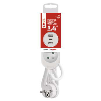 Prodlužovací kabel P0211E bílá, 2 zásuvky, 2xUSB, 1xUSB-C, délka 1,4 m 6