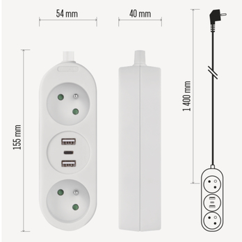 Prodlužovací kabel P0211E bílá, 2 zásuvky, 2xUSB, 1xUSB-C, délka 1,4 m 8