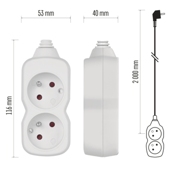 Prodlužovací kabel P0212 bílá, 2 zásuvky, délka 2 m 8