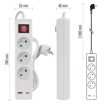 Prodlužovací kabel s vypínačem P1312CU bílá, 3 zásuvky, 1x USB-A, 1x USB-C, délka 2 m 8