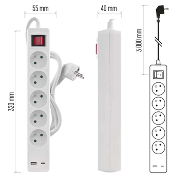 Prodlužovací kabel s vypínačem P1513CU bílá, 5 zásuvek, 2 USB porty, délka 3 m 10