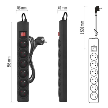 Přepěťová ochrana P54015/18 černá, 6 zásuvek, délka 1,5 m, absorpce 380 J 6