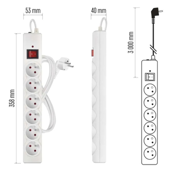 Přepěťová ochrana P54016/19 bílá, 6 zásuvek, délka 3 m, absorpce 380 J 6