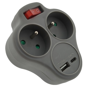 Rozbočovací zásuvka Q-416F šedá, 2x zásuvka, 2x USB, s vypínačem 1