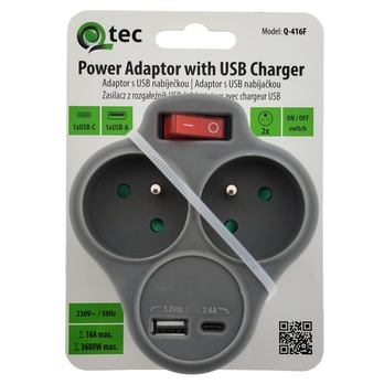 Rozbočovací zásuvka Q-416F šedá, 2x zásuvka, 2x USB, s vypínačem 3
