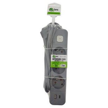 Prodlužovací kabel s vypínačem Q-417F šedá, 3 zásuvky, 1x USB-A, 1x USB-C, délka 2 m 1