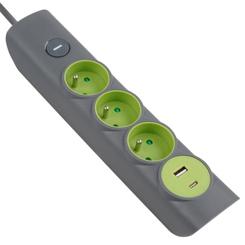 Prodlužovací kabel s vypínačem RPC 73 šedá, 3 zásuvky, 1x USB-A, 1x USB-C, délka 1,4 m 1
