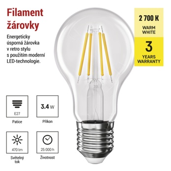 LED žárovka filament ZF5D22 E27, 3,4W, teplá bílá 3