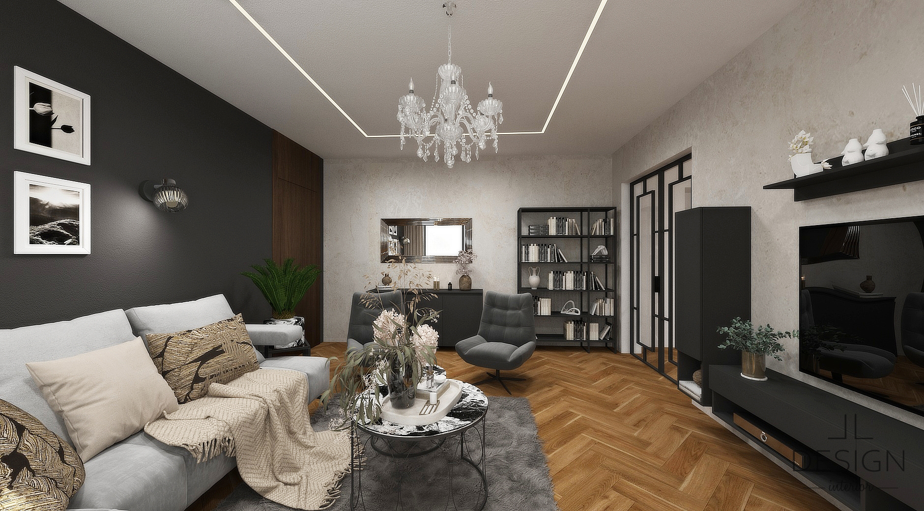 černý nábytek v obývacím pokoji a glamour doplňky