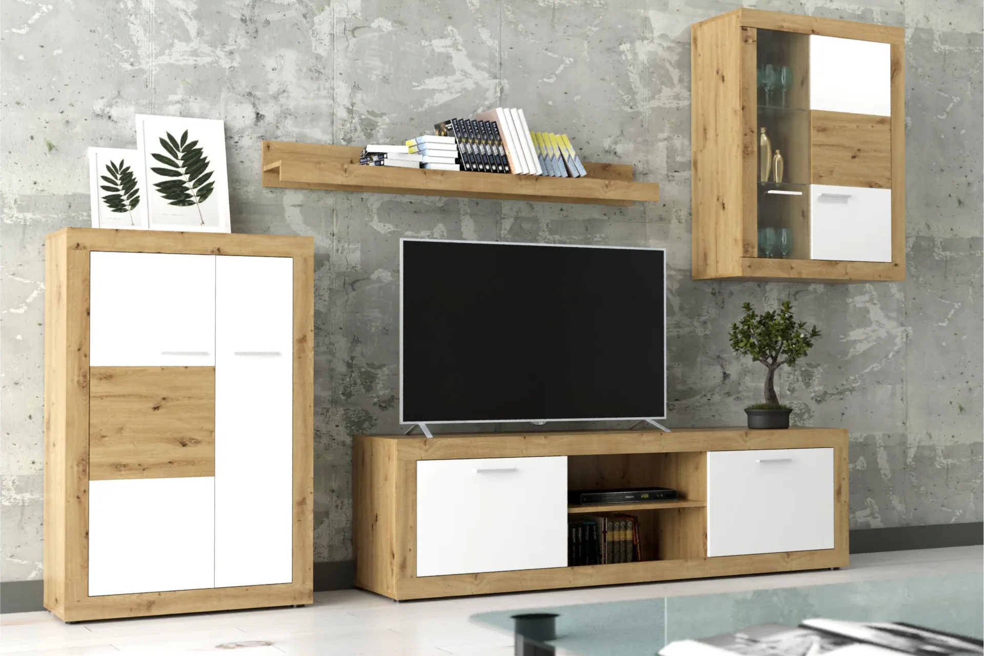 Obývací stěna Aturo s dekorem dubu artisan. Zdroj: SCONTO
