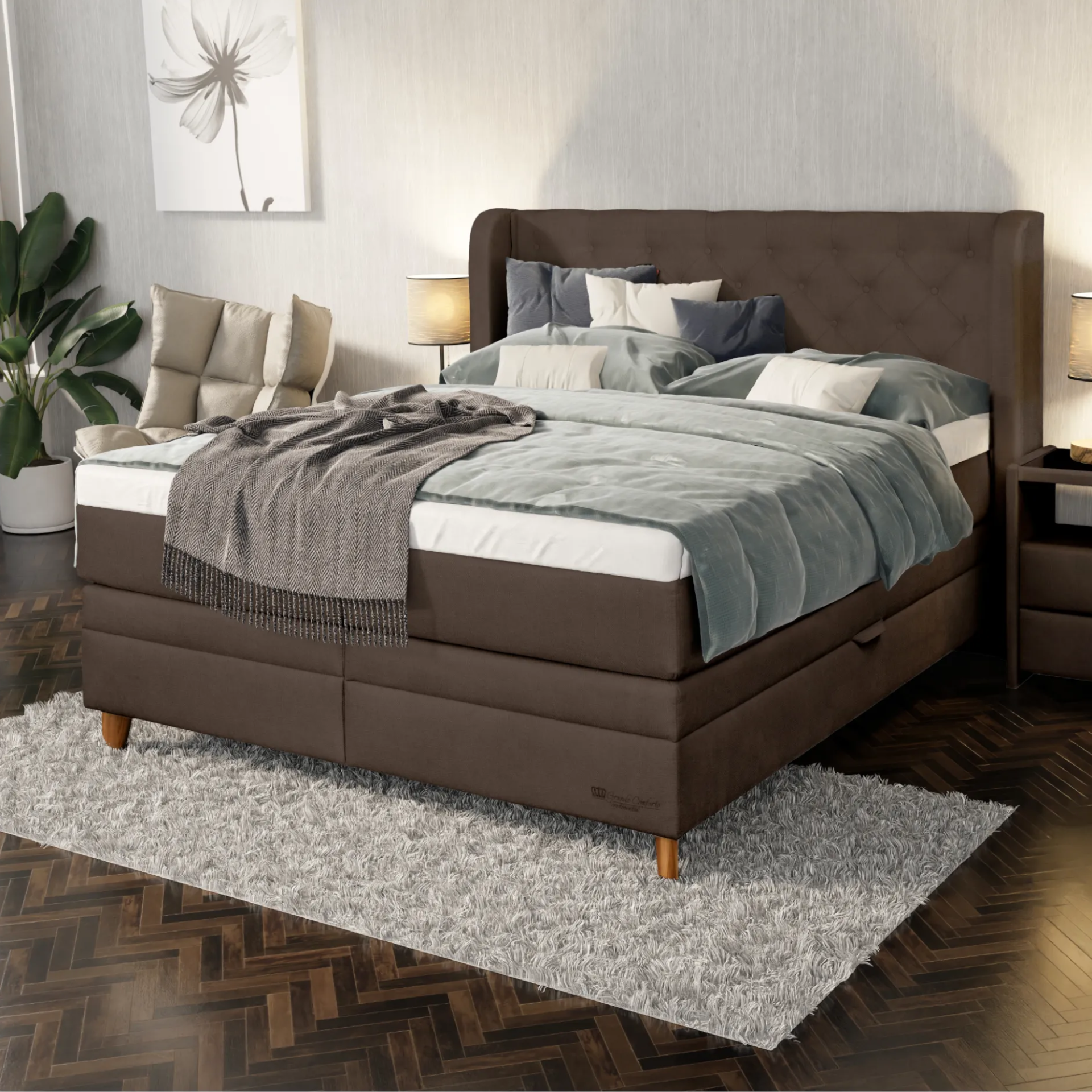 Hnedá boxspringová posteľ s vysokým čelom s dekoratívnym prešívaním a gombíkmi