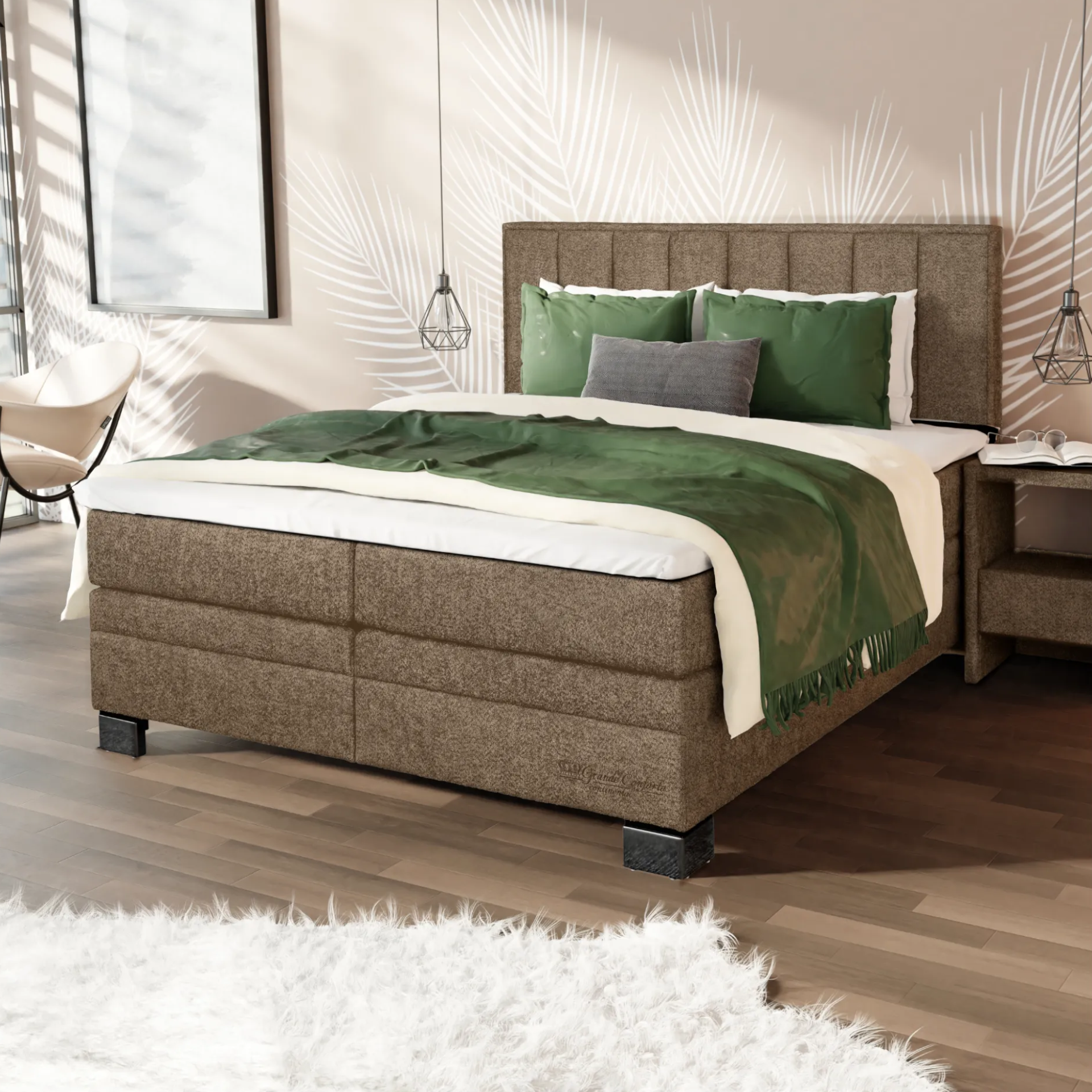 Boxspringová postel s pohodlným vysokým čelem s dekorativním prošíváním
