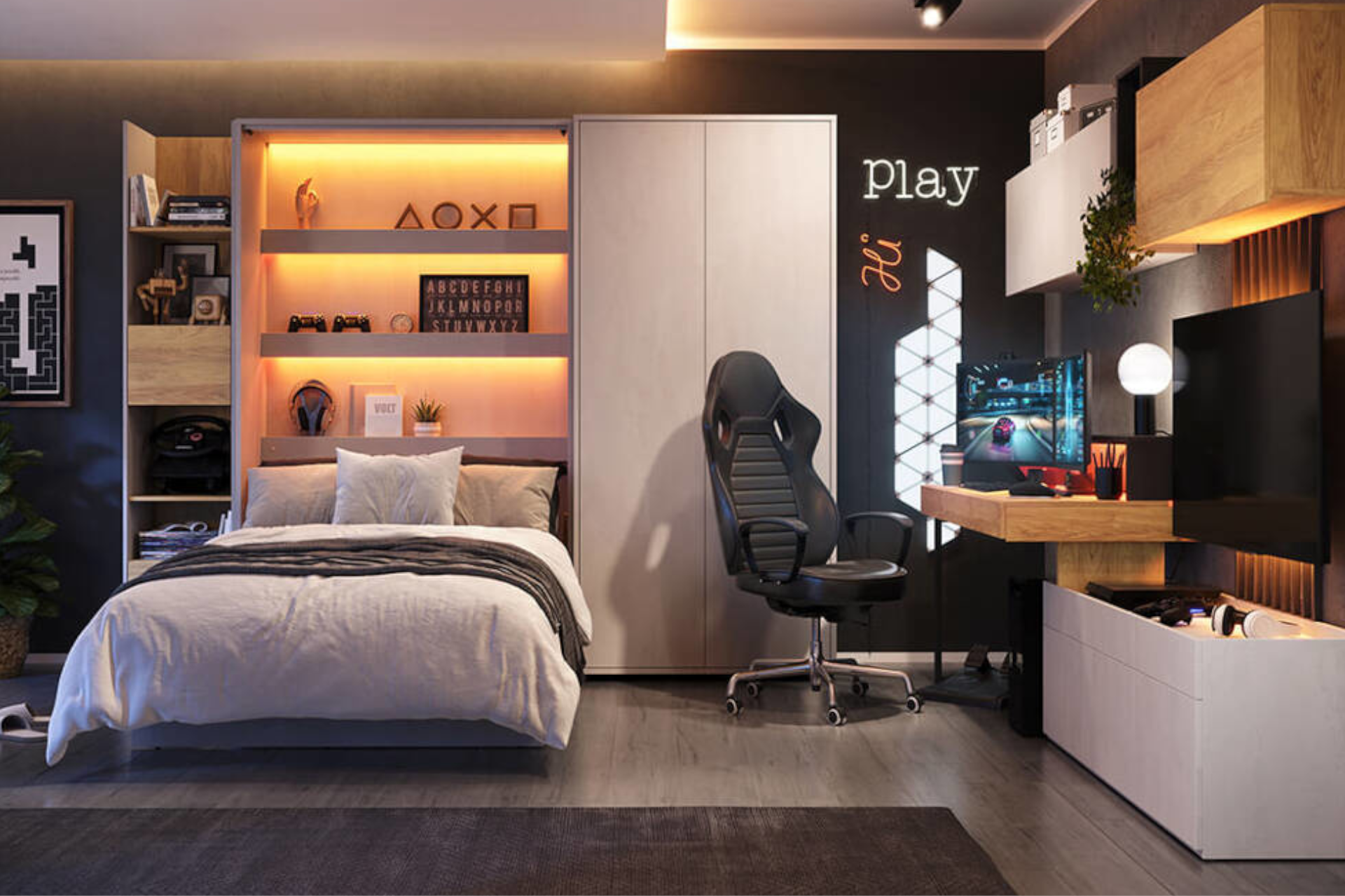 Moderný nábytok pre teenagera so sklápacou posteľou